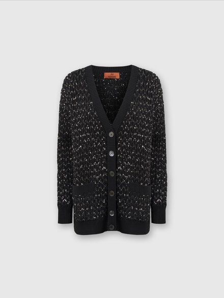 Oversized cardigan in knit with braiding and sequins, Black    - DS24SM0GBK033OS90DI