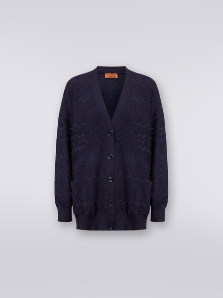 Oversized cardigan in chevron wool and viscose knit , Dark Blue - DS24SM0LBK033V93810