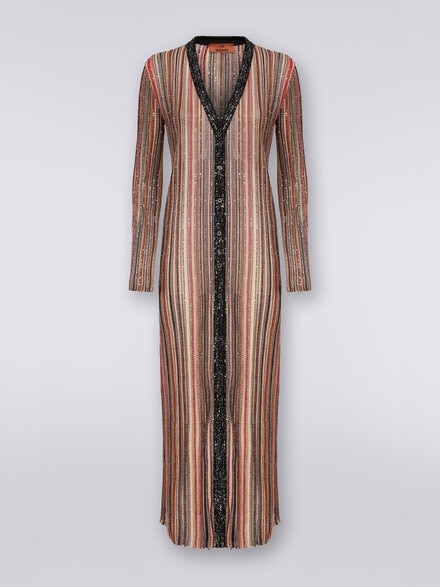 Long cardigan in vertical striped knit with sequins, Multicoloured  - DS24SM0ZBK033MSM9AF