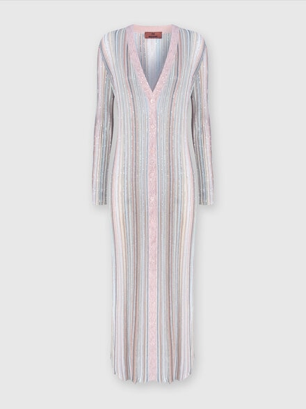 Long cardigan in vertical striped knit with sequins, Multicoloured  - DS24SM0ZBK033MSM9AH