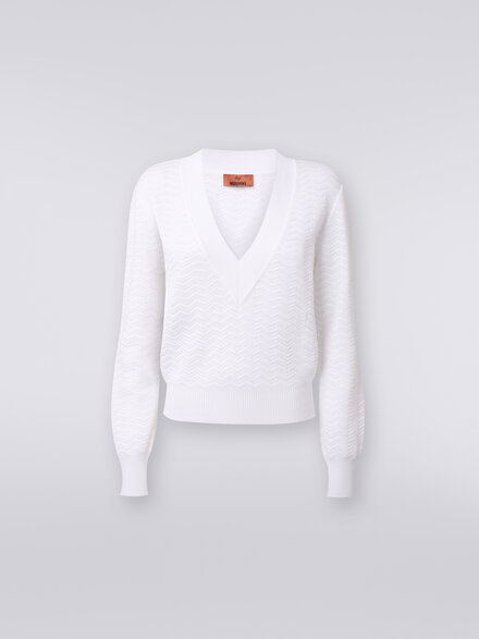 V-neck pullover in zigzag knit, White  - DS24SN0FBK033W14001