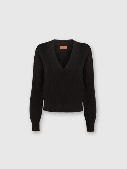 V-neck pullover in zigzag knit, Black    - DS24SN0FBK033W93911