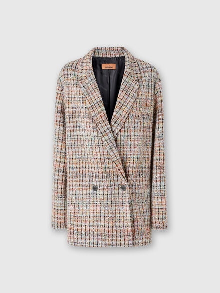 Double-breasted bouclé checkered blazer with sequins, Multicoloured  - DS24WF0SBC004RSM9IB