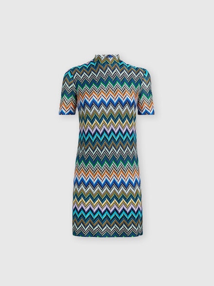 Short-sleeved mini-dress in zig zag viscose, Blue & Multicoloured  - DS24WG0IBR00Y3S72G2