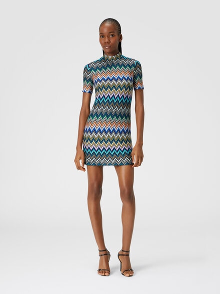 Kurzärmeliges Minikleid aus Zick-Zack-Viskose, Blau & Mehrfarbig  - DS24WG0IBR00Y3S72G2