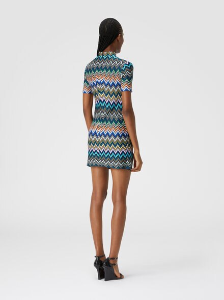 Kurzärmeliges Minikleid aus Zick-Zack-Viskose, Blau & Mehrfarbig  - DS24WG0IBR00Y3S72G2