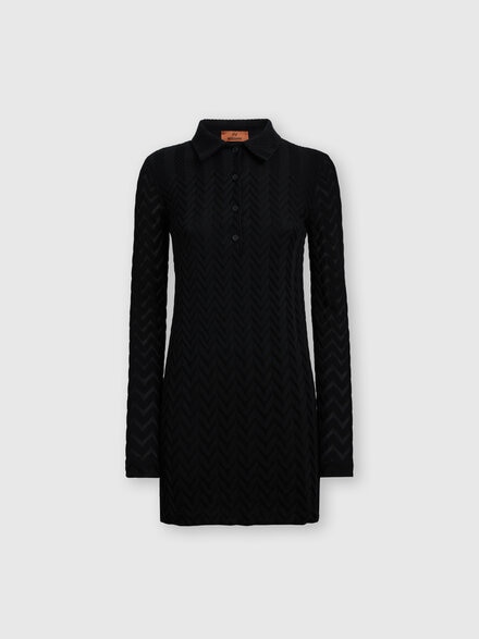 Polo mini-dress in cotton and chevron viscose, Black    - DS24WG0LBR00JE93911