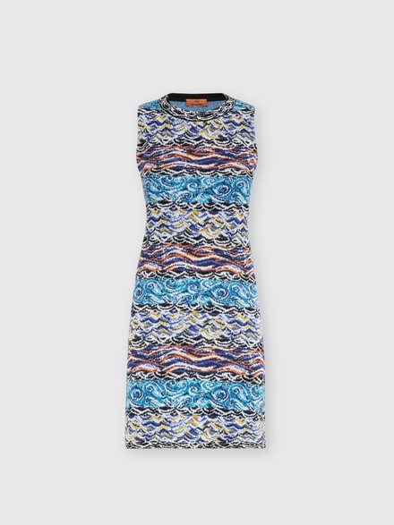 Sleeveless mini-dress in wool and cotton with wave motif, Multicoloured  - DS24WG0MBK038ESM9F0