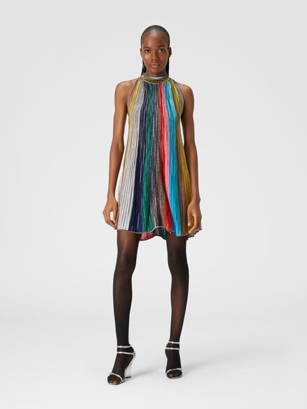 Sleeveless mini-dress in lamé pleated knit, Multicoloured  - DS24WG0PBK038MSM9EW