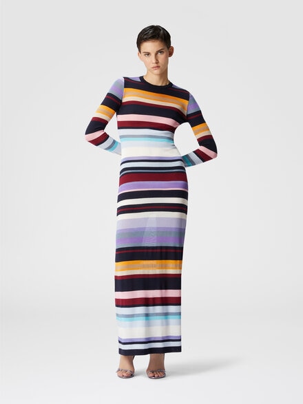 Long dress in striped stockinette stitch, Multicoloured  - DS24WG0QBK038ISM9EU