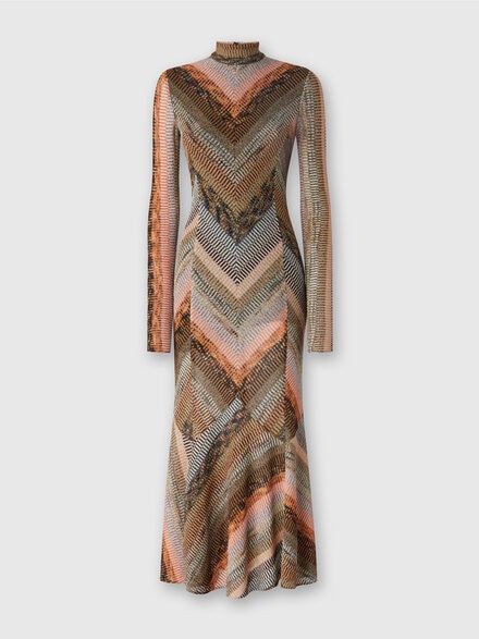 Langes Kleid mit ausgestelltem Saum und Stehkragen mit Reißverschluss, Mehrfarbig  - DS24WG0TBR00YDS80BZ