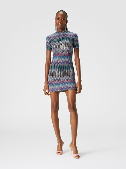 Short-sleeved mini-dress in zigzag wool, Multicoloured  - DS24WG19BR00YXSM9EO