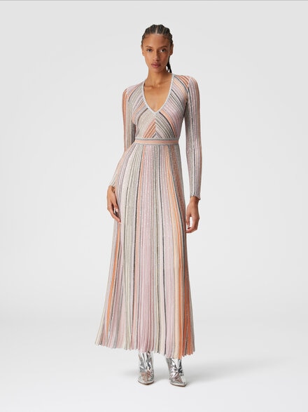 Long dress in lamé pleated knit, Multicoloured  - DS24WG1MBK039ESM9G8