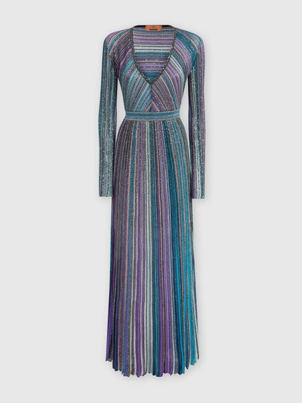 Long dress in lamé pleated knit, Multicoloured  - DS24WG1MBK039ESM9G9