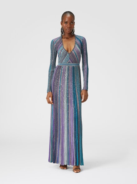 Long dress in lamé pleated knit, Multicoloured  - DS24WG1MBK039ESM9G9