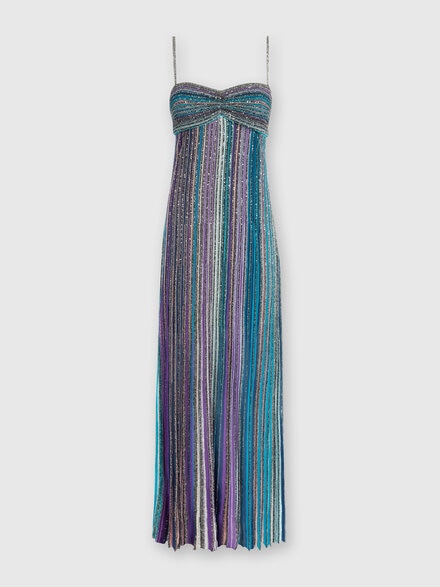 Long sleeveless dress in lamé pleated knit, Multicoloured  - DS24WG1OBK039ESM9G9