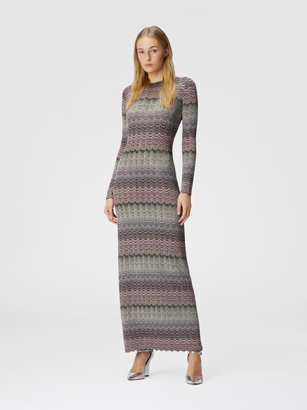 Langes Kleid mit griechischem Lamé-Motiv, Mehrfarbig  - DS24WG1TBK039ISM9G5