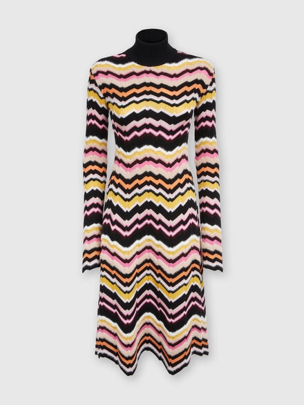 High-necked midi dress with Greek zigzag motif, Multicoloured  - DS24WG24BK036WSM9FP