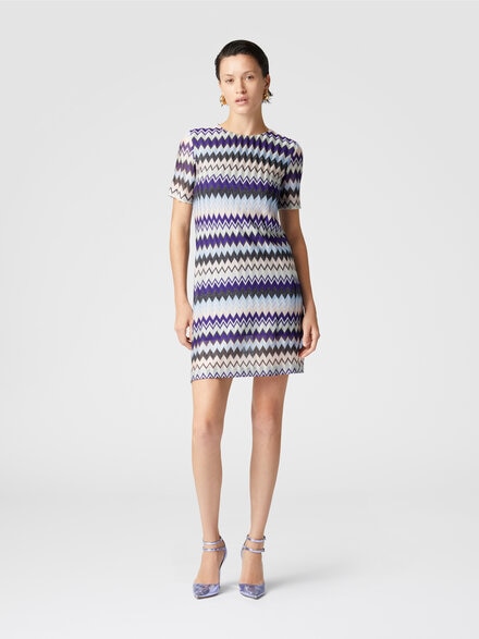 Short-sleeved mini-dress in zig zag lam&eacute; viscose, Multicoloured  - DS24WG29BR00YGSM9FK
