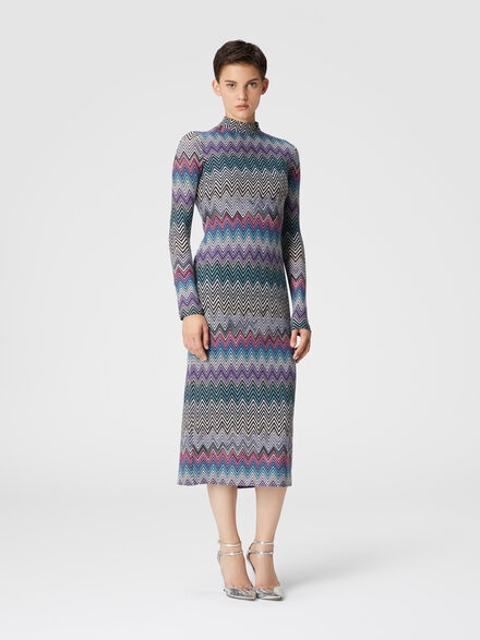 Long turtleneck dress in zig zag wool, Multicoloured  - DS24WG2ABR00YXSM9EO