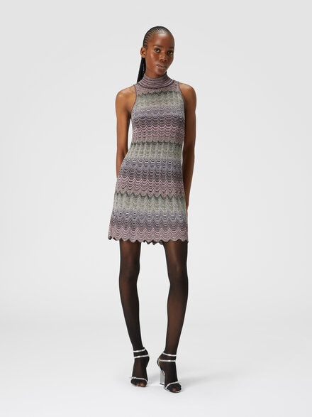 Sleeveless mini-dress with lamé Greek motif, Multicoloured  - DS24WG2DBK039ISM9G5