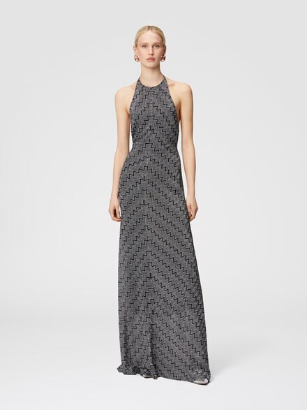 Long zigzag lamé dress with halter neckline, Black & Silver - DS24WG2IBR00ZRS91LP