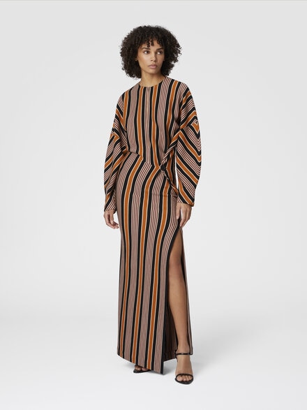Long striped wool dress with kimono-cut sleeves, Multicoloured  - DS24WG2QBT008GSM9JX