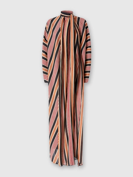 Long striped cotton and viscose dress with knotted collar, Multicoloured  - DS24WG2SBR00Z6SM9IZ