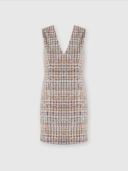 Sleeveless bouclé checkered mini-dress with sequins, Multicoloured  - DS24WG35BC004RSM9IB