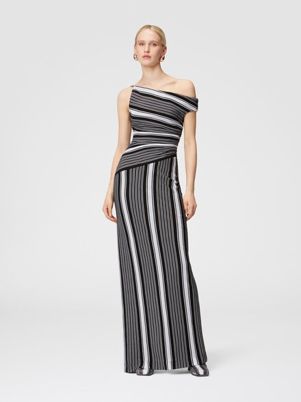 Long cotton and viscose dress with asymmetrical neckline, Black & White - DS24WG3LBR00Z6S91LO