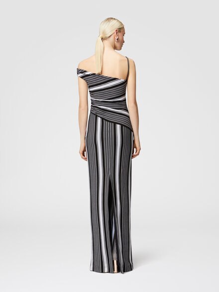 Long cotton and viscose dress with asymmetrical neckline, Black & White - DS24WG3LBR00Z6S91LO