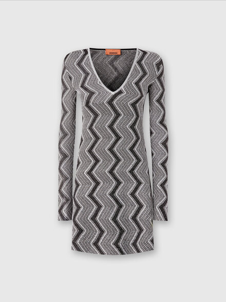 V-neck dress in lamé zig zag viscose, Black & Silver - DS24WG3SBK042KS91M5