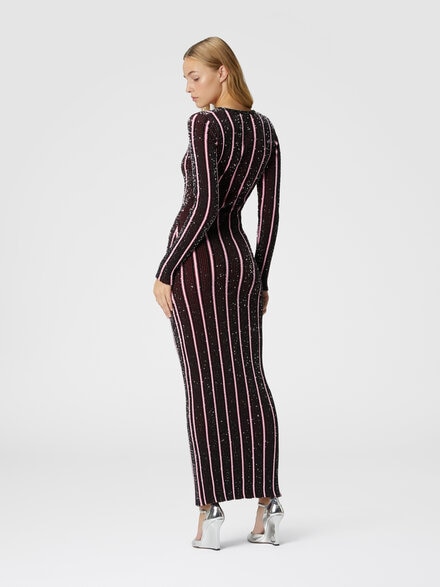 Long ribbed ribbed dress with sequins, Red  & Black - DS24WG3TBK042LS4166