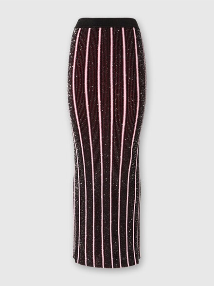 Long ribbed ribbed skirt with sequins, Red  & Black - DS24WH1BBK042LS4166