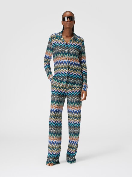 Pantalón recto de viscosa con zigzag desplazado, Azul Oscuro & Multicolor  - DS24WI06BR00Y3S72G2