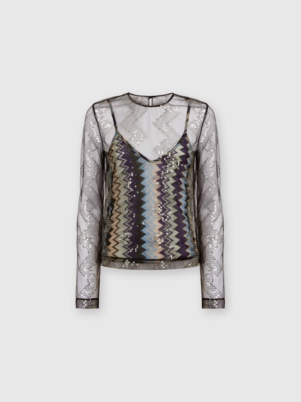 Doubled blouse in sequined tulle, Multicoloured  - DS24WK0BBV00FJSM9FL