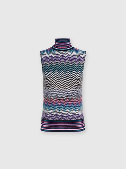 Sleeveless turtleneck top in zig zag wool, Multicoloured  - DS24WK0PBR00YXSM9EO