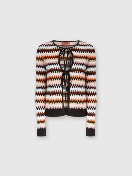 Zigzag wool cardigan with contrasting piping, Multicoloured  - DS24WM00BK040SSM9FZ