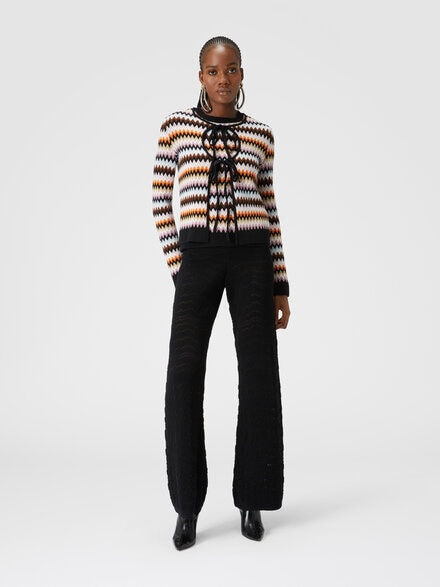 Zigzag wool cardigan with contrasting piping, Multicoloured  - DS24WM00BK040SSM9FZ