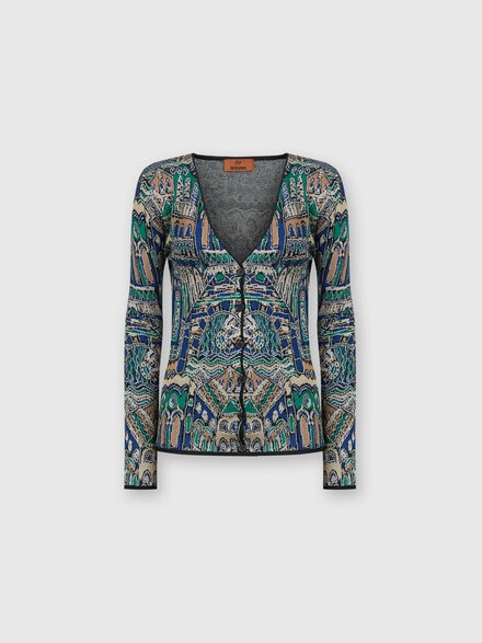Viscose and wool lamé cardigan with Venezia motif, Multicoloured  - DS24WM08BK040RS72GF
