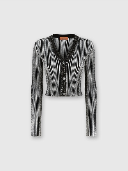 Ribbed ribbed crop cardigan with sequins, Black & White - DS24WM1EBK042LS01EA
