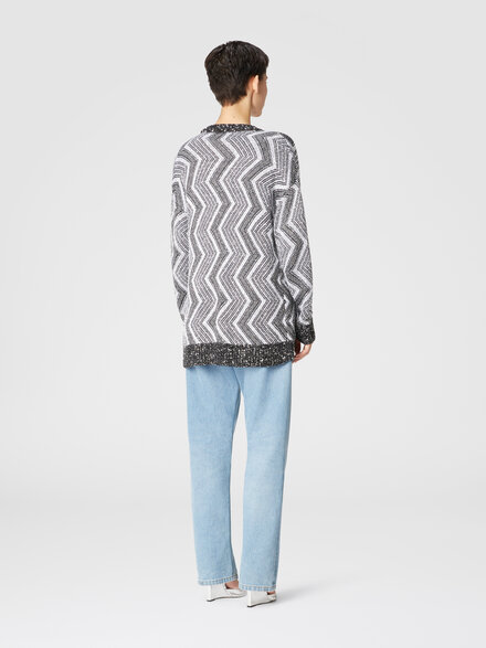 Cardigan oversize avec macro zigzag et paillettes, Noir & Argent - DS24WM1FBK042IS91LN