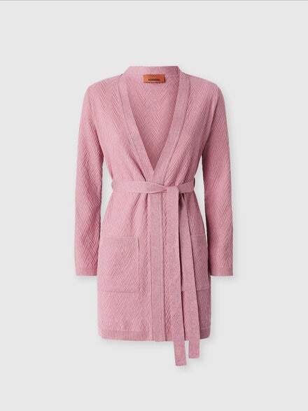 Cardigan ceinturé en jacquard motif chevron, Rose   - DS24WM1OBK01B7L3047