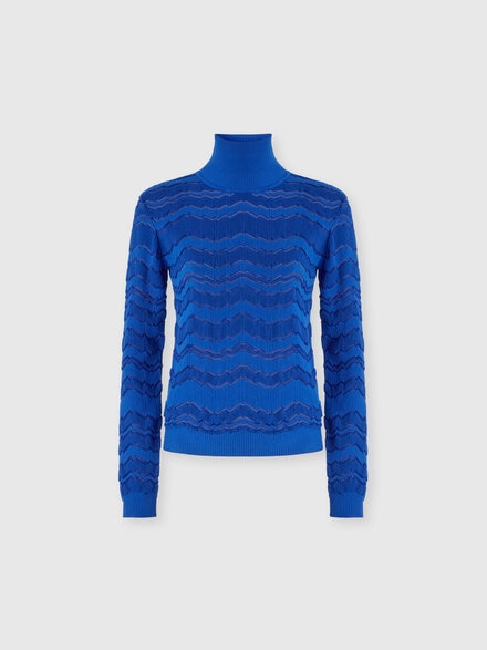 Jersey de cuello alto de viscosa y lana con zigzag tono sobre tono, Azul Oscuro - DS24WN19BK040ES72GH