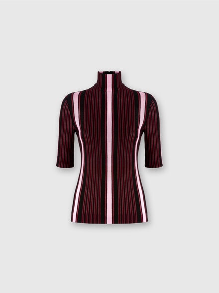 Short-sleeved turtleneck in striped cotton and viscose, Black & Pink - DS24WN1LBR00Z6SM9JU