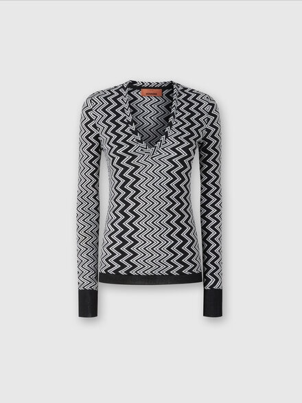 V-neck sweater in wool and viscose zig zag, Black & White - DS24WN1MBR00ZSS91LG