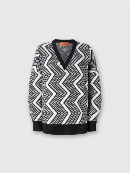 Oversized V-neck pullover in zigzag wool, Black & White - DS24WN1QBK041LS91LR