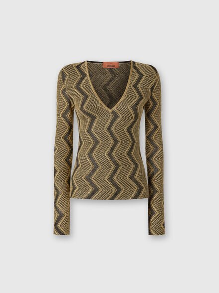 V-neck sweater in lamé zig zag viscose, Black & Gold - DS24WN1WBK042KS91LJ