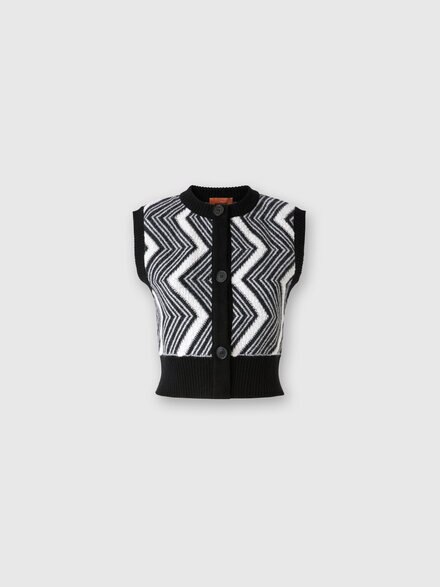 Wool bolero with buttons and terrycloth stitch chevron, Black & White - DS24WN21BK041LS91LR