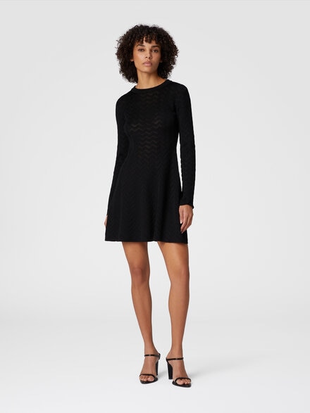 Tone-on-tone chevron long-sleeved mini-dress, Black - DS25SG0SBK044U93911